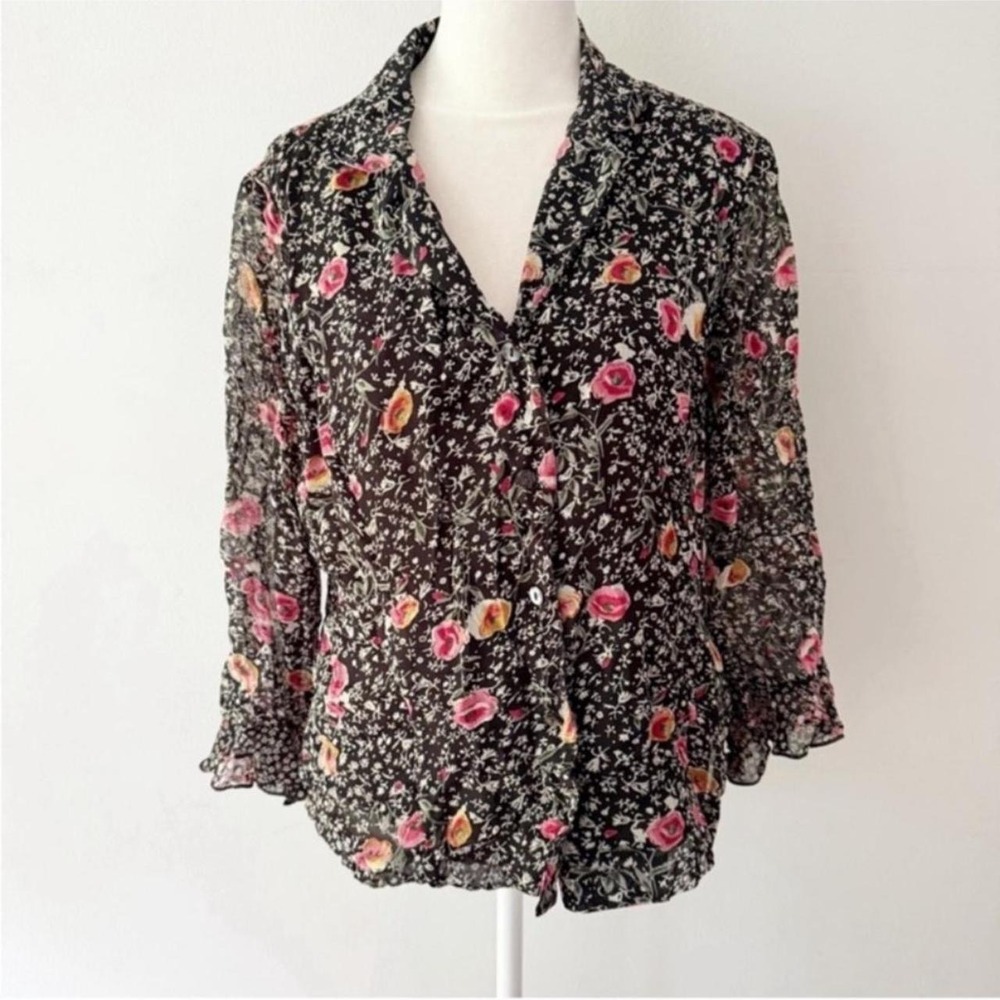 Vintage 90s Button Down Blouse Women 12 Black Floral Sheer Ruffle Whimsigoth